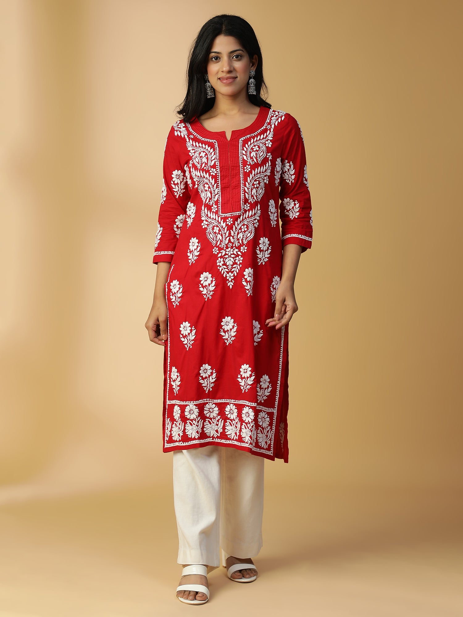 Hand Embroidered Graceful Red Lucknowi Chikankari Cotton Straight Kurta CH0154