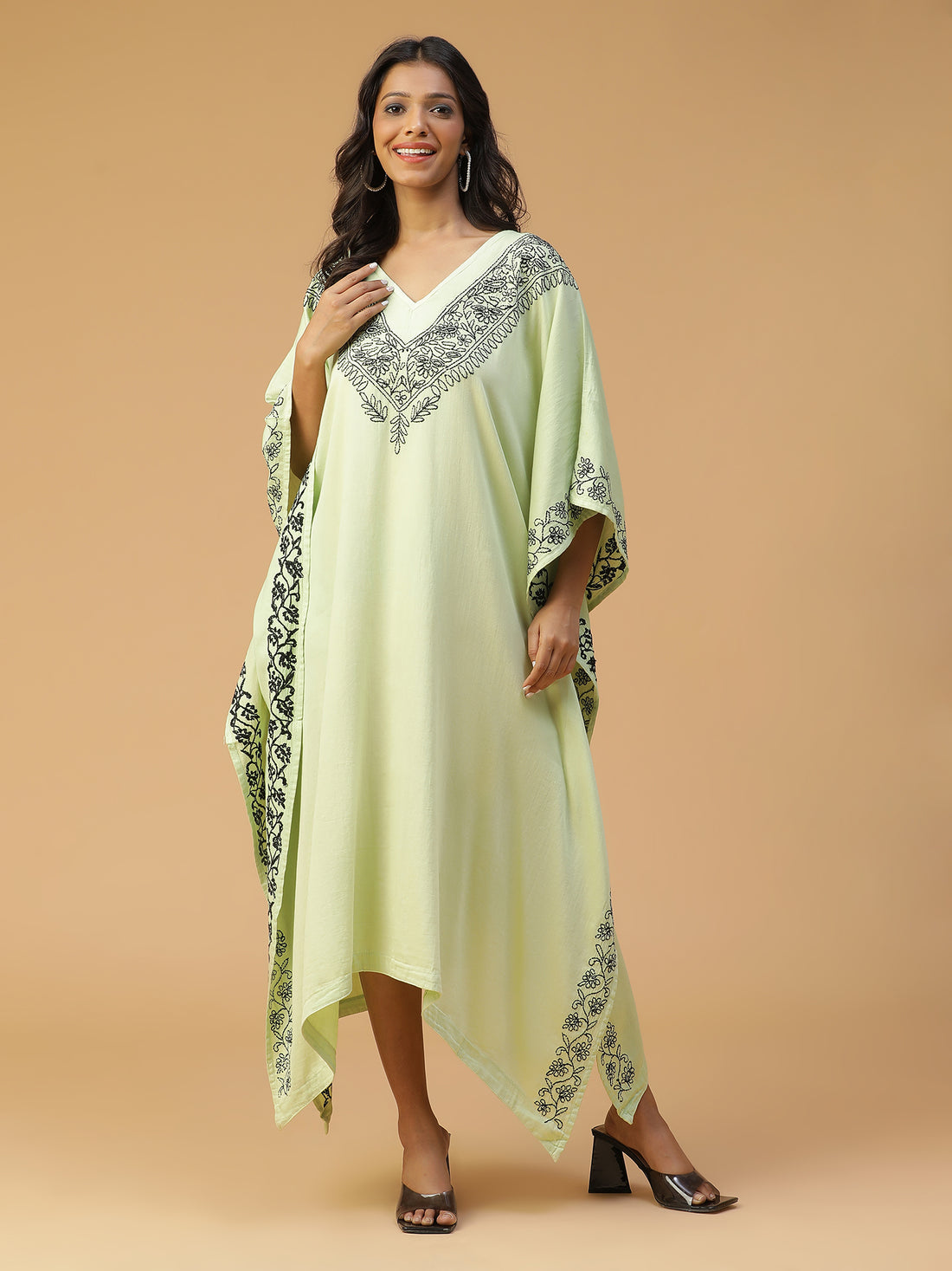 Cotton Chikankari Kaftan in Ghiya Color