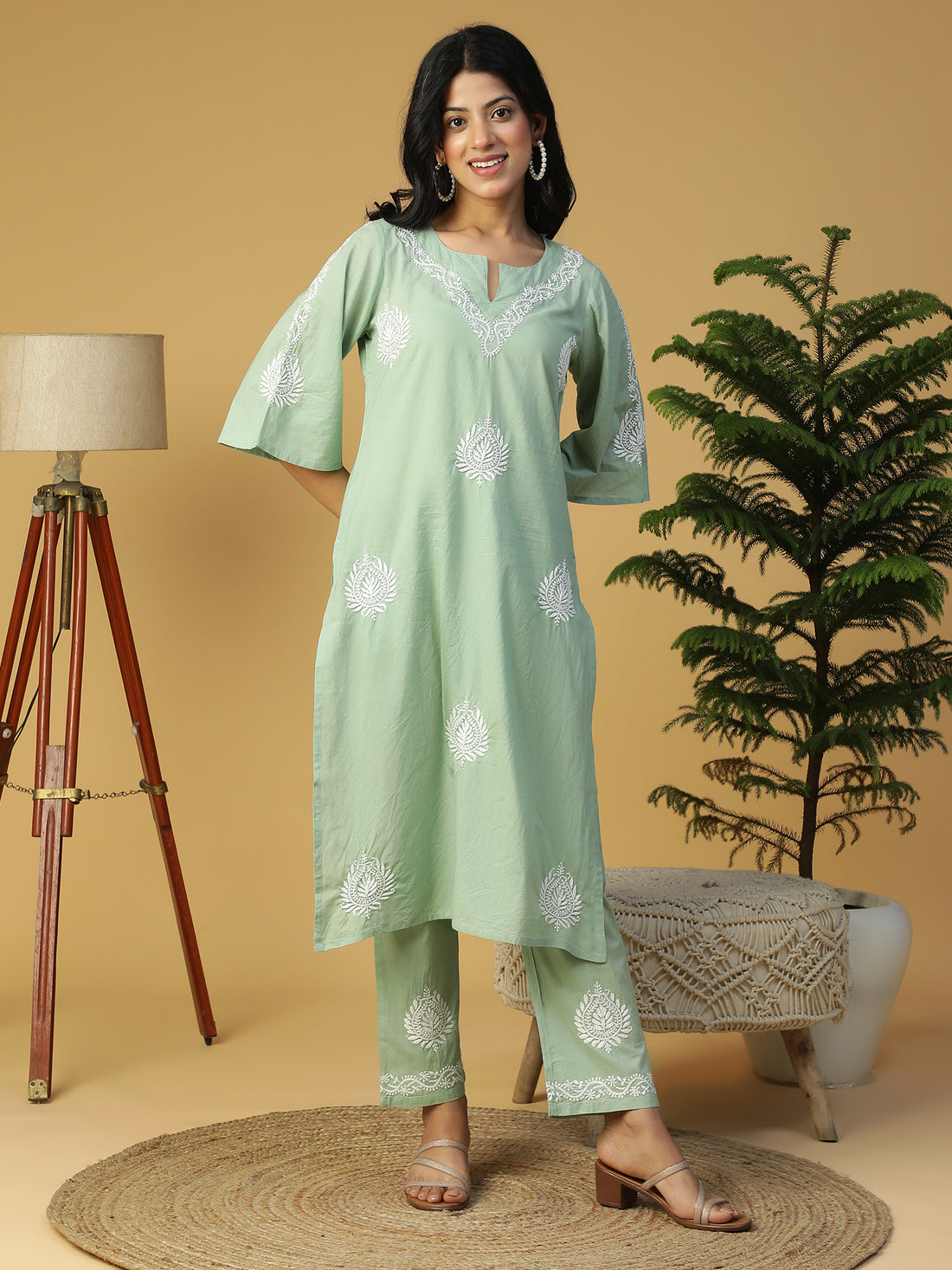 Hand Embroidered Basil Green Cotton Lucknowi Chikankari Yoke Design Kurta With Pants CH0247