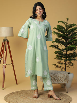 Hand Embroidered Basil Green Cotton Lucknowi Chikankari Yoke Design Kurta With Pants CH0247