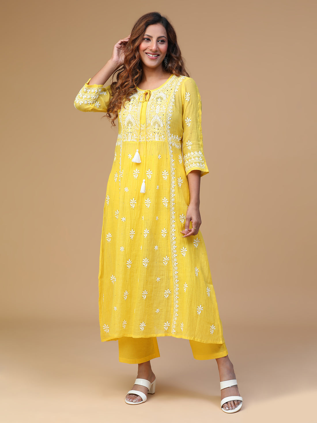 Golden Glow Festive Mul Chanderi Chikankari Kurta Set