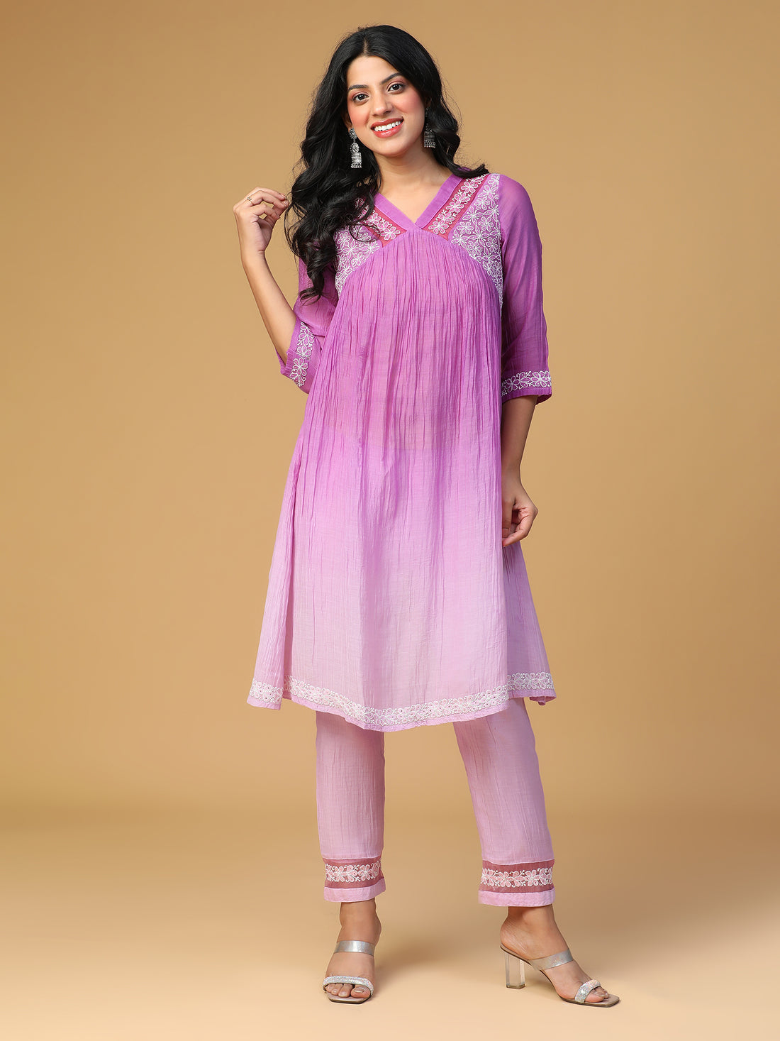 Mul Chanderi yoke gathered organza lace detailing purple chikankari work kurta set