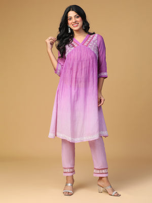 Mul Chanderi yoke gathered organza lace detailing purple chikankari work kurta set