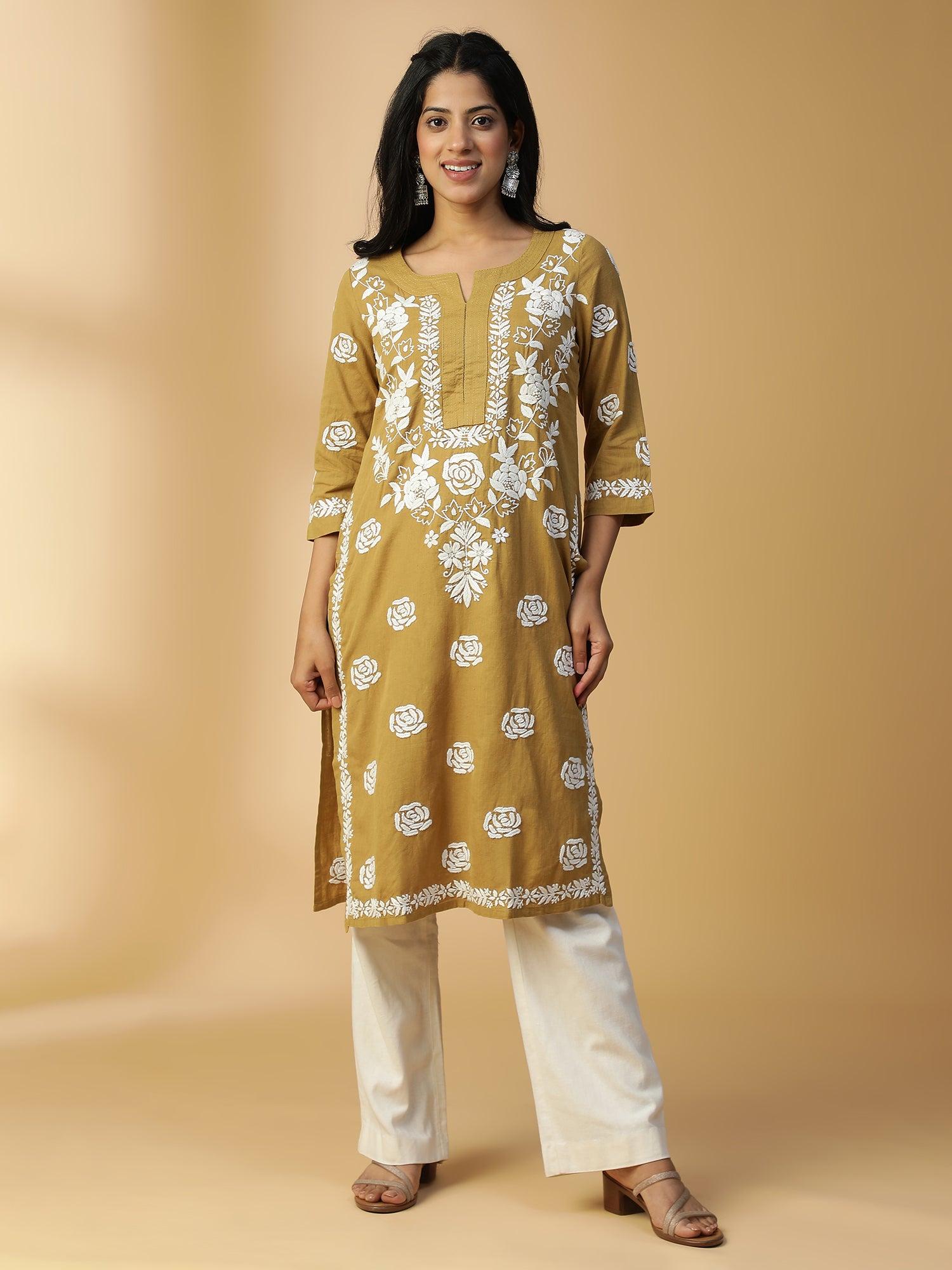 HAND EMBROIDERED DARK BEIGE COTTON LUCKNOWI CHIKANKARI STRAIGHT KURTA CH0152