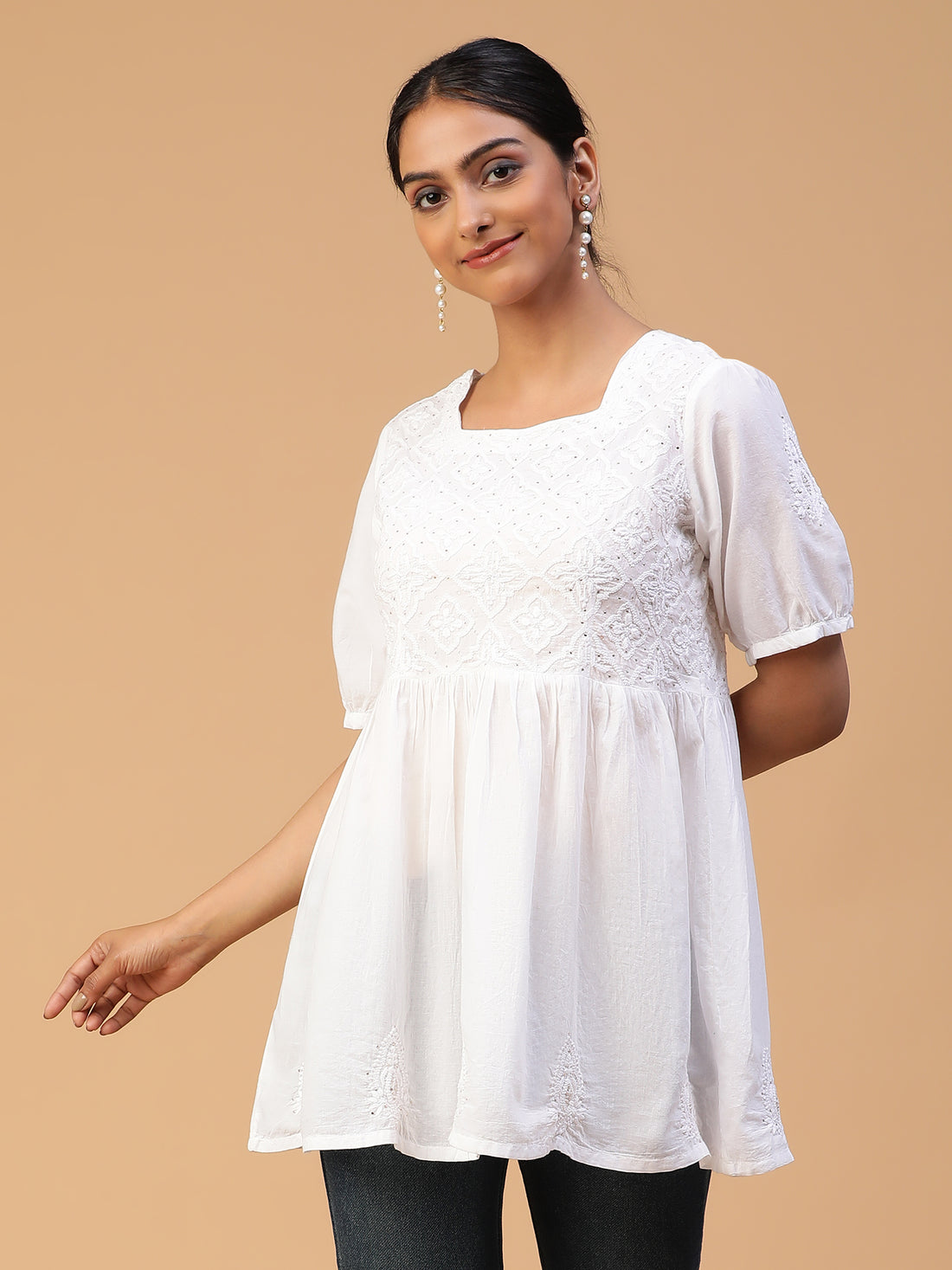 Breezy Charm Chikankari Handloom Mulmul Cotton Waist Gather Short Top