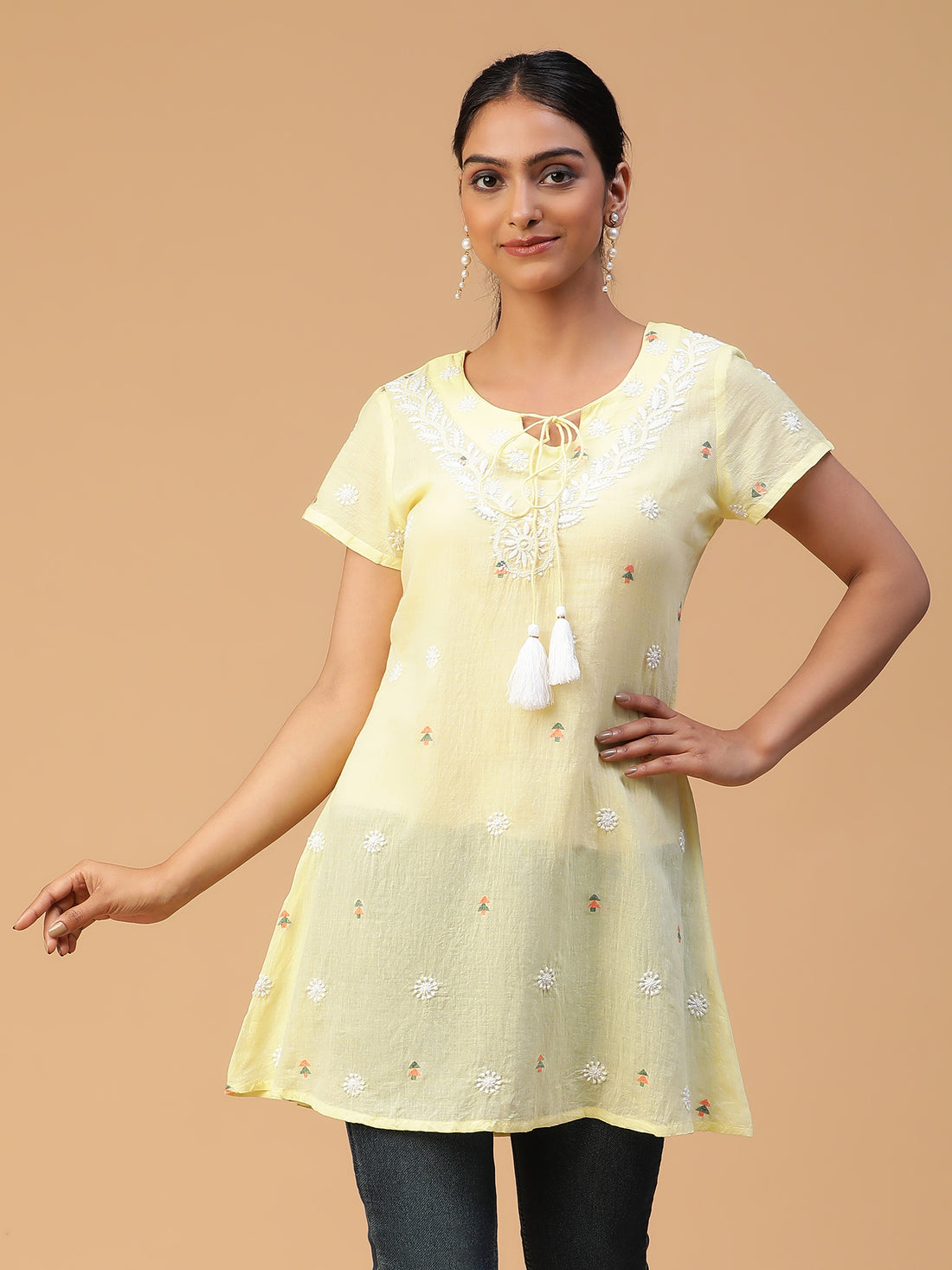 Yellow Bliss Lucknowi Chikankari Handloom Jamdani Top