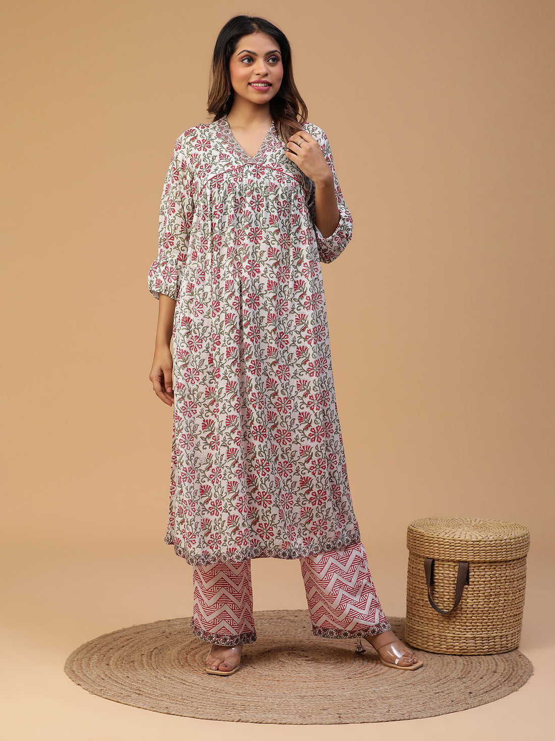 Hand Block Printed White A-line Kurta With Pants Set Blk_002