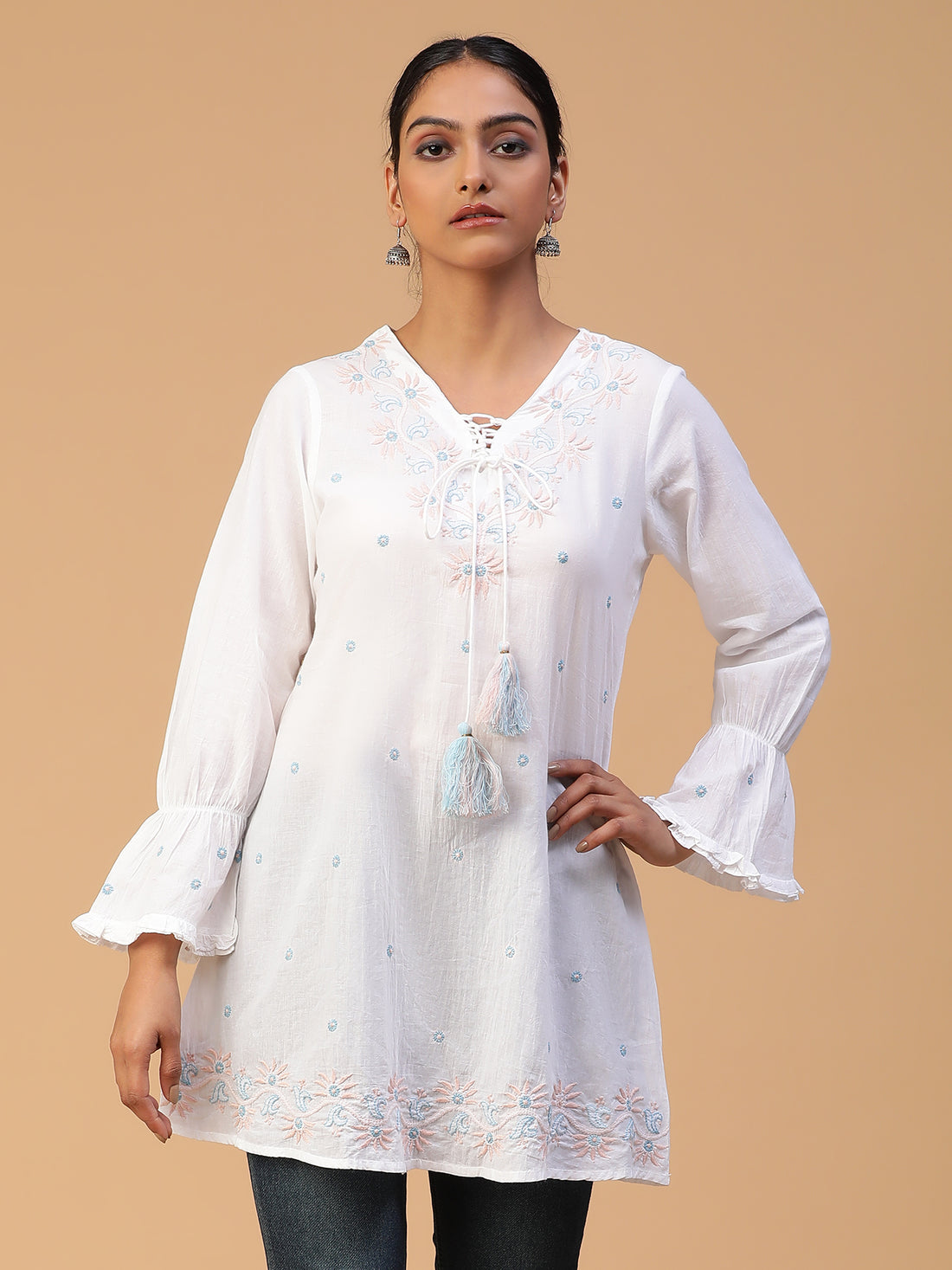 Chikankari Handloom Mulmul Cotton Top with Neck Dori Detailing