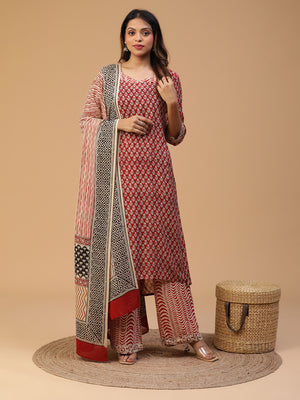 Hand Block Printed Maroon Straight Kurta With Pants And Dupatta Set Blk_001