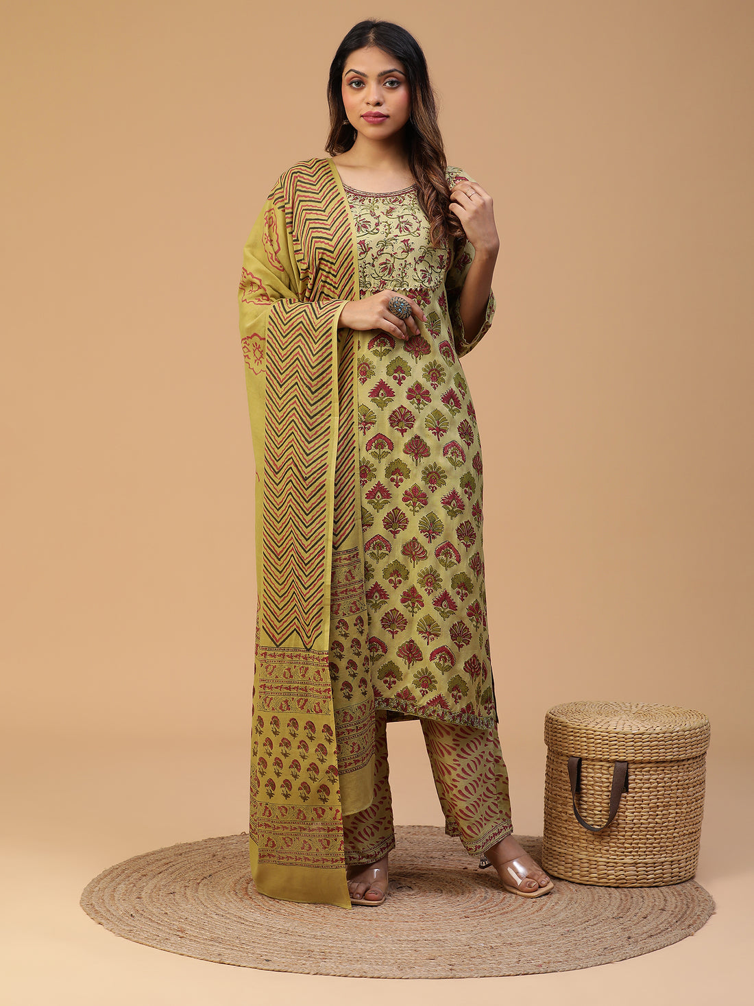 Hand Block Printed Olive Green Straight Kurta With Pants And Dupatta Set Blk_010