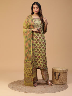 Hand Block Printed Olive Green Straight Kurta With Pants And Dupatta Set Blk_010