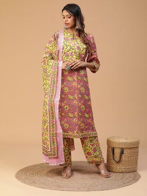 Hand Block Printed Pink A-line Yoke Kurta With Pants and Dupatta Set Blk_004