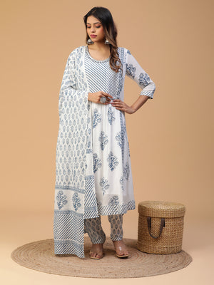 Hand Block Printed White A-line Gathered Kurta With Pants and Dupatta Set Blk_005