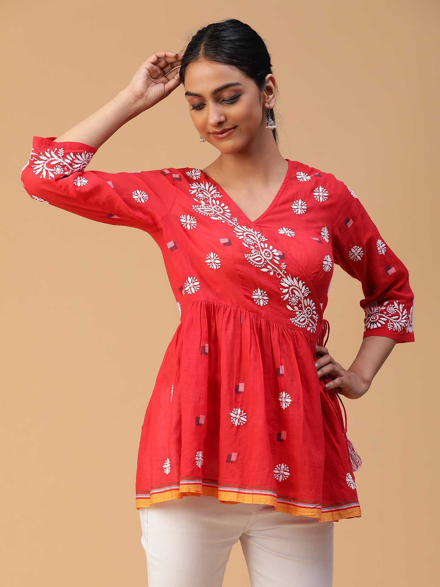 Red Radiance: Chikankari Handloom Jamdani Top