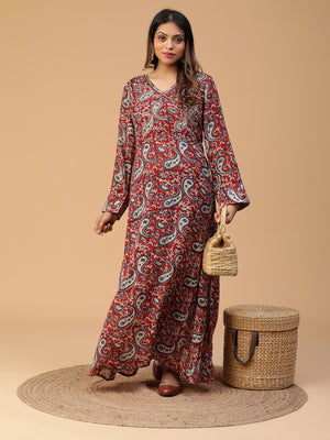 Hand Block Printed Maroon Long Dress  Blk_006