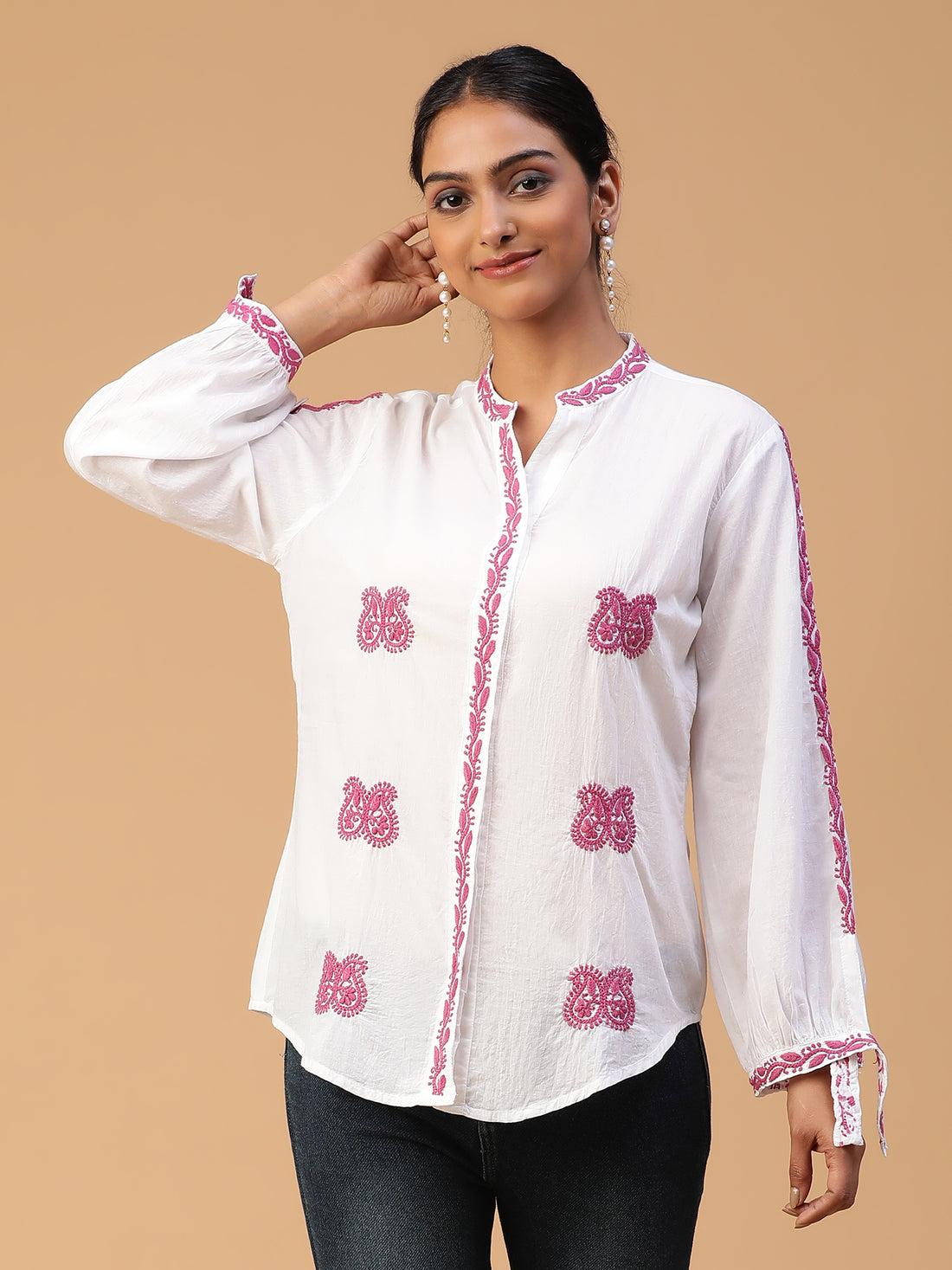 Chikankari Handloom Mulmul Cotton Shirt with Cuff Sleeves