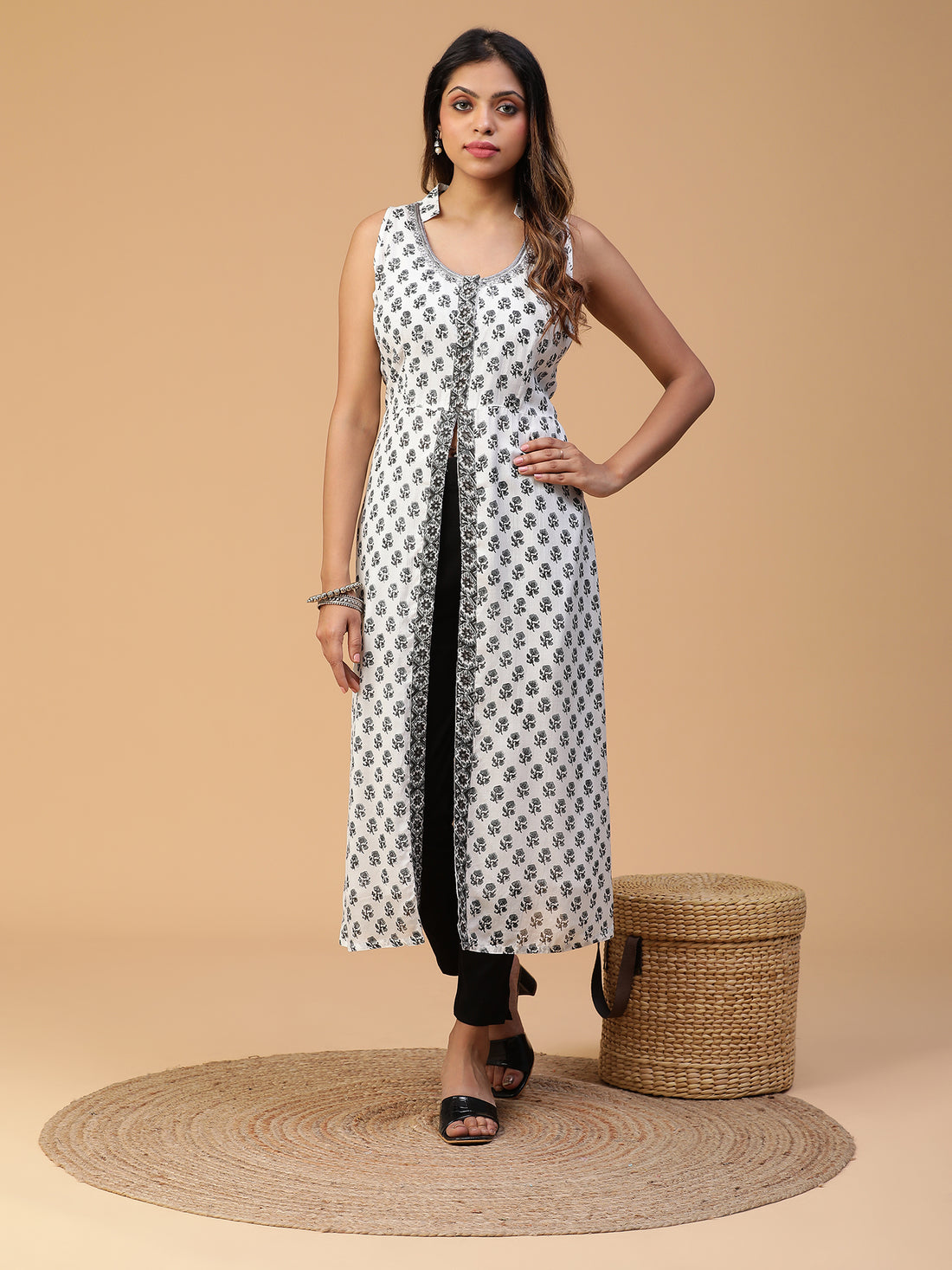 Hand Block Printed White Straight Front Slit Open Kurta Blk_007