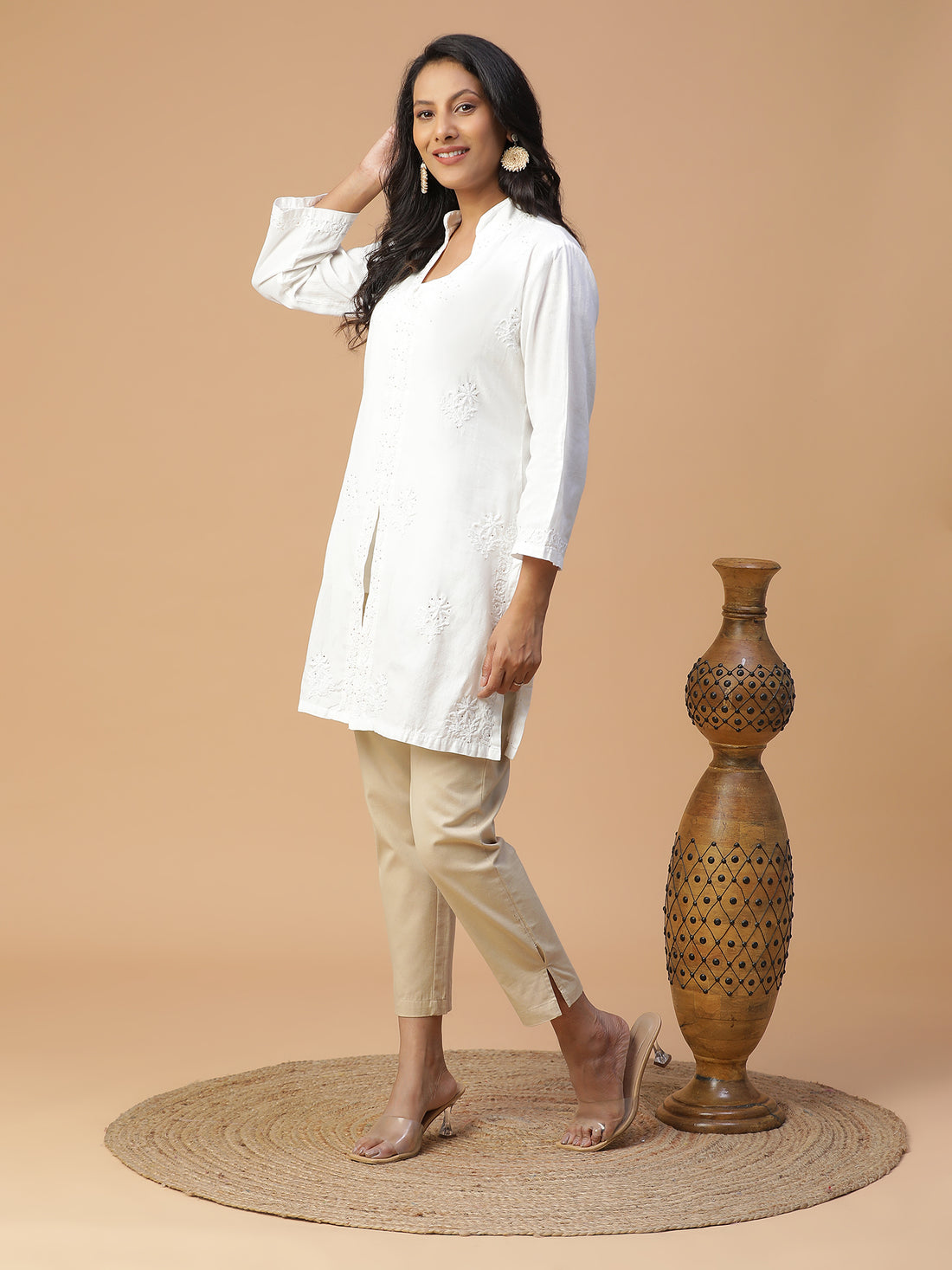 Chikankari cotton linen long shirt kurta with mukaish work