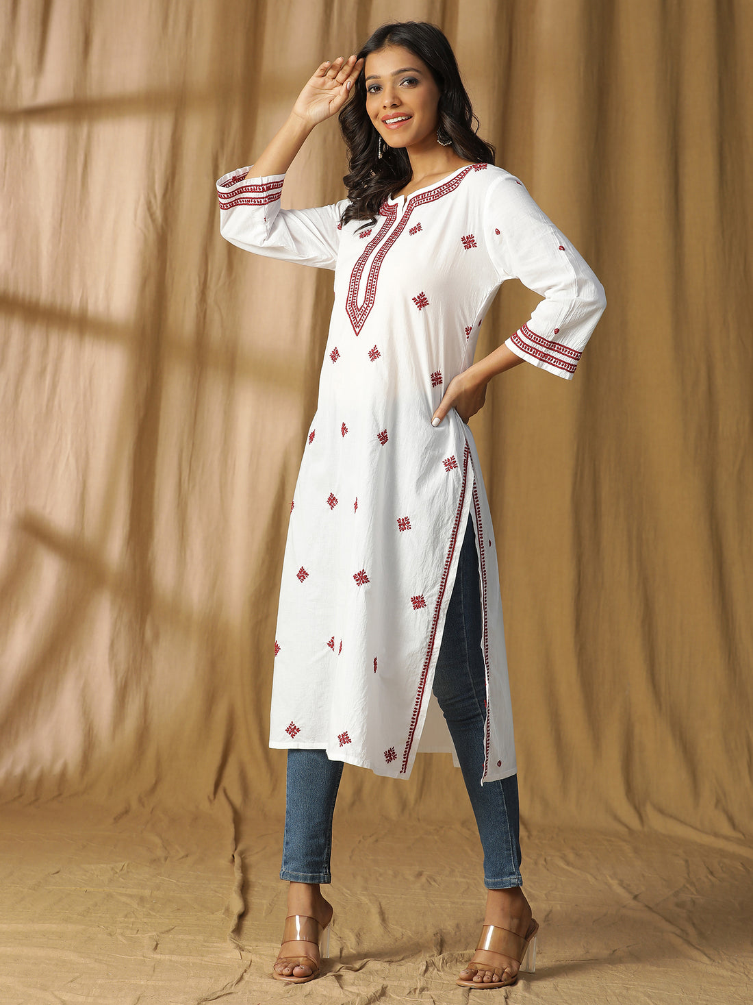 Straight Kurta with Patti Neck Design and Red Chikankari Work