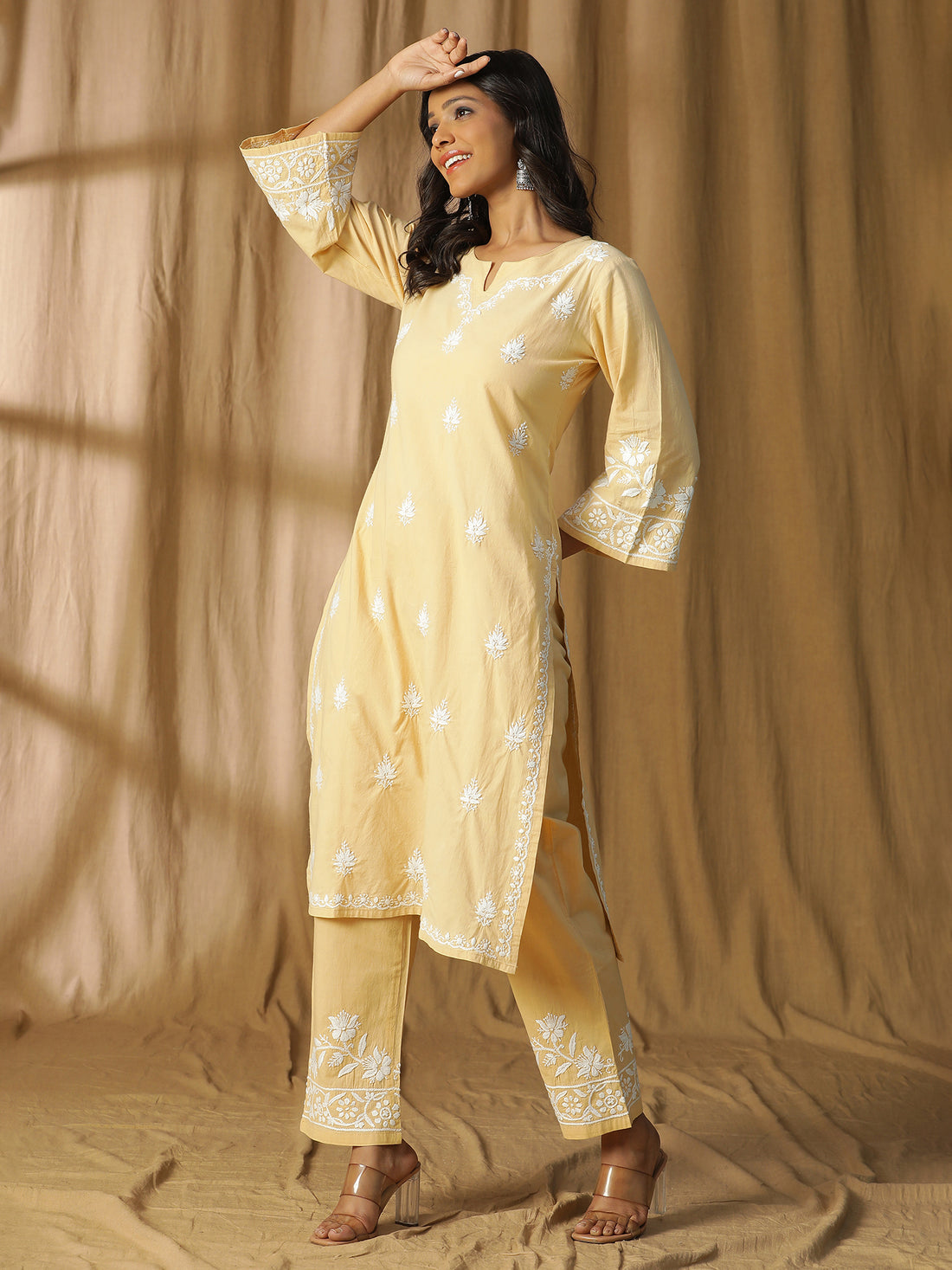 Light Beige Cotton Kurta Set with Subtle Chikankari Embellishments