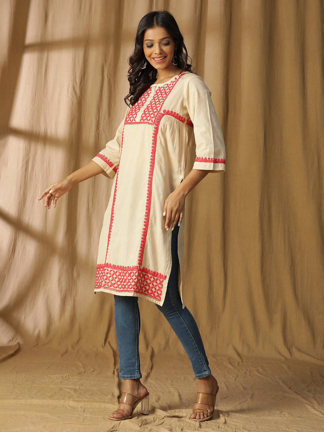 Chikankari Cotton Linen Side Pleats Tunic