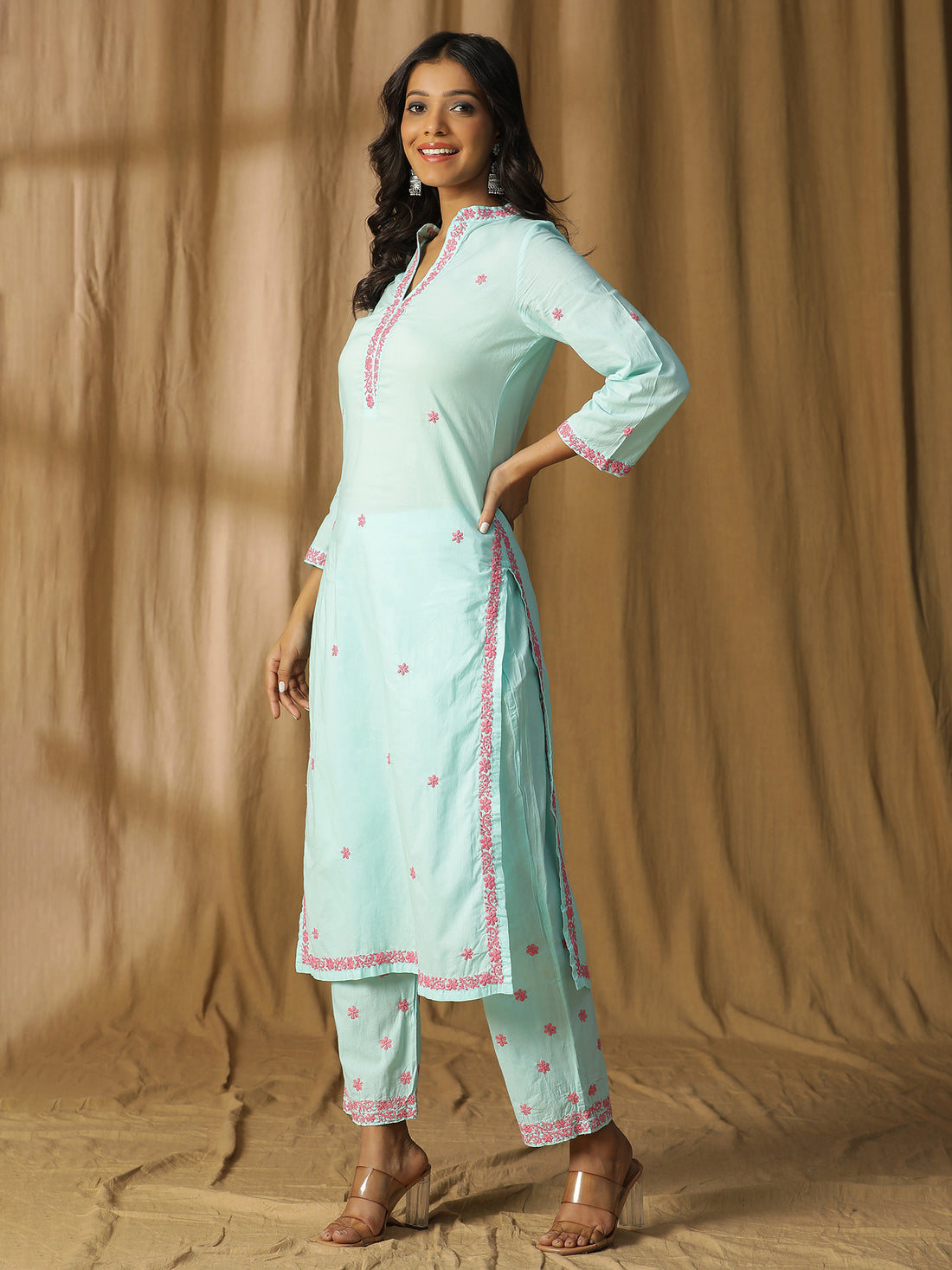 Overlap V-Neck and Straight Kurta Set in Soft Blue with Pink Chikankari