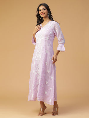 Chikankari A-line Kota Doria kurta with Applique work