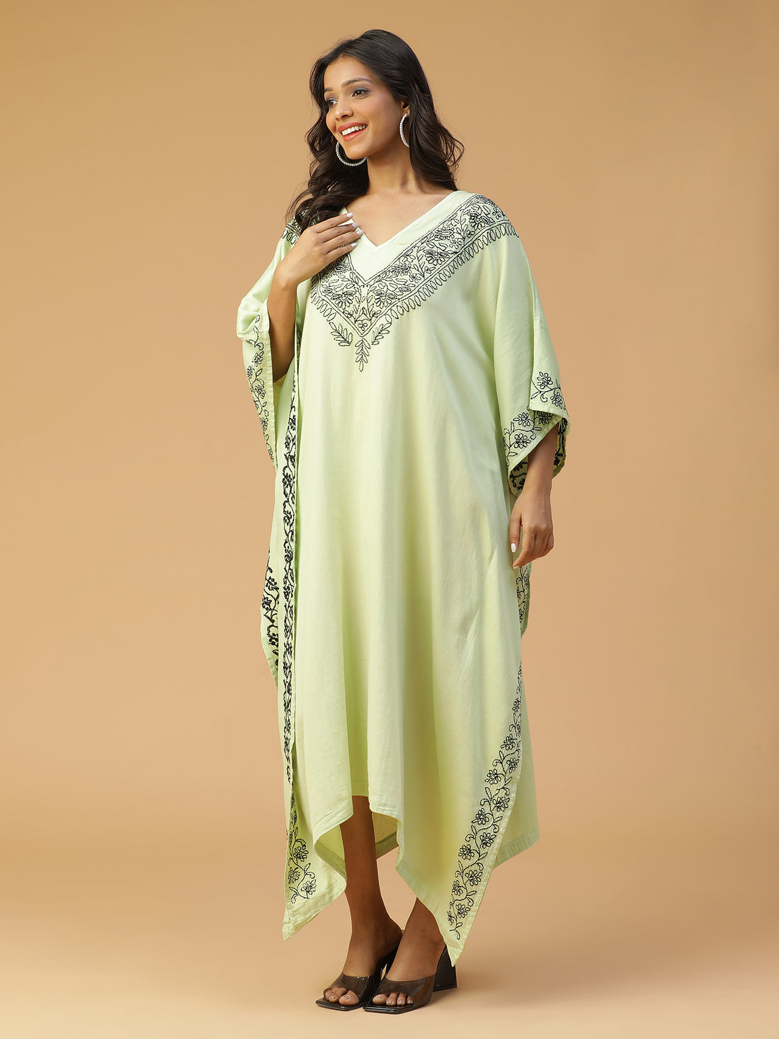 Cotton Chikankari Kaftan in Ghiya Color