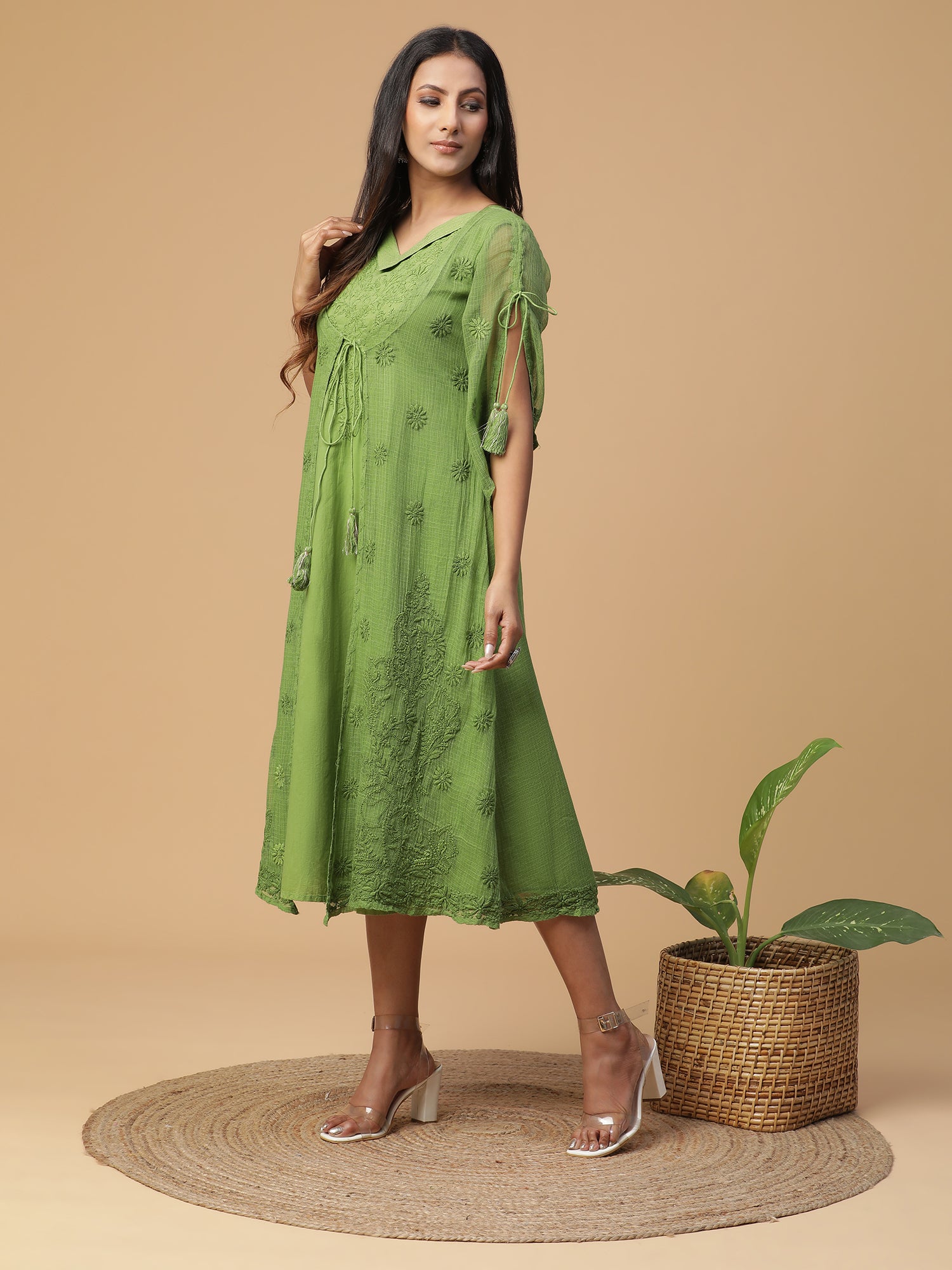 Chikankari cotton green dress with Kota doria attached shrug