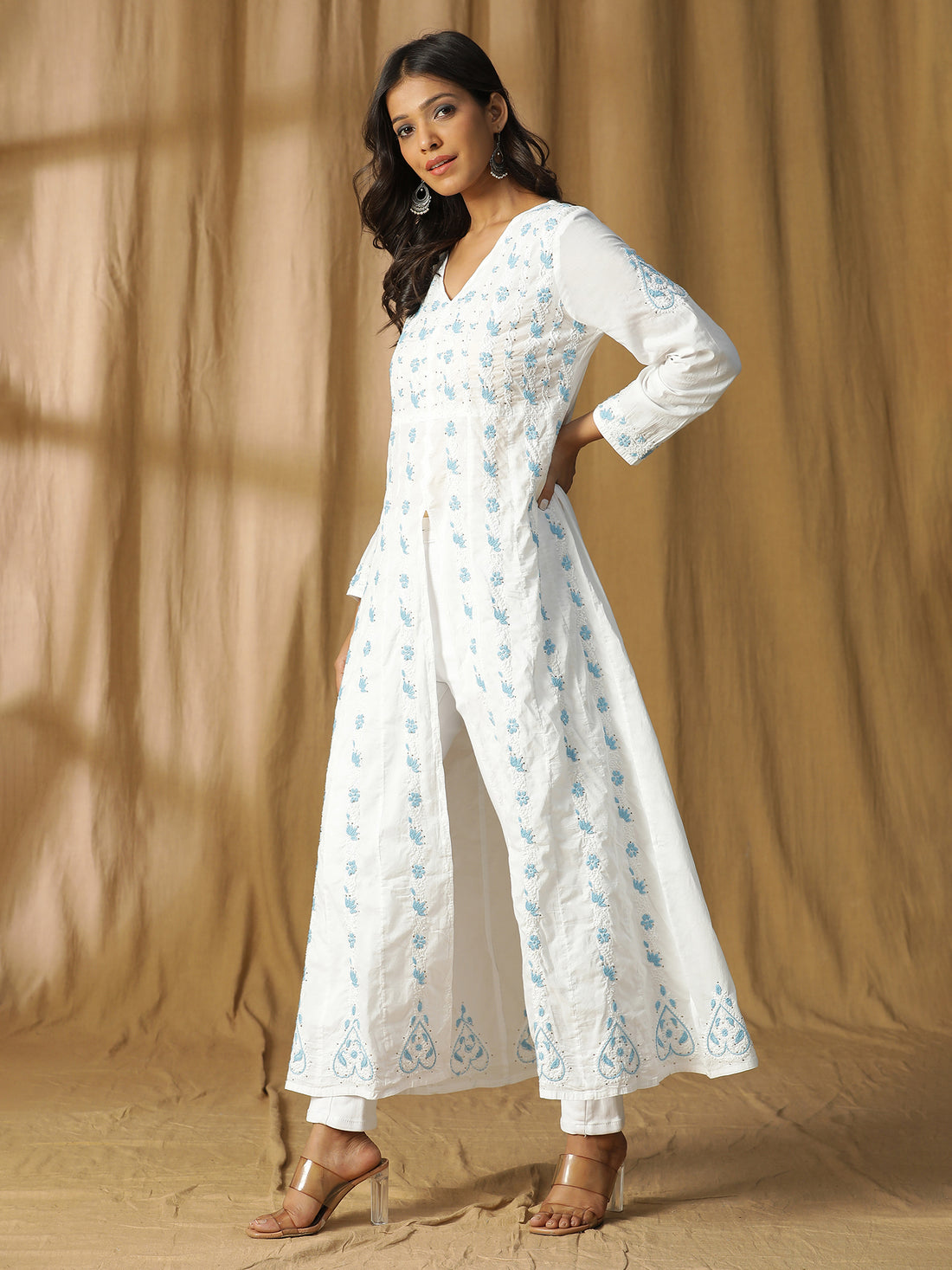 Semal handicrafts Chikankari front slit open long skirt kali kurta