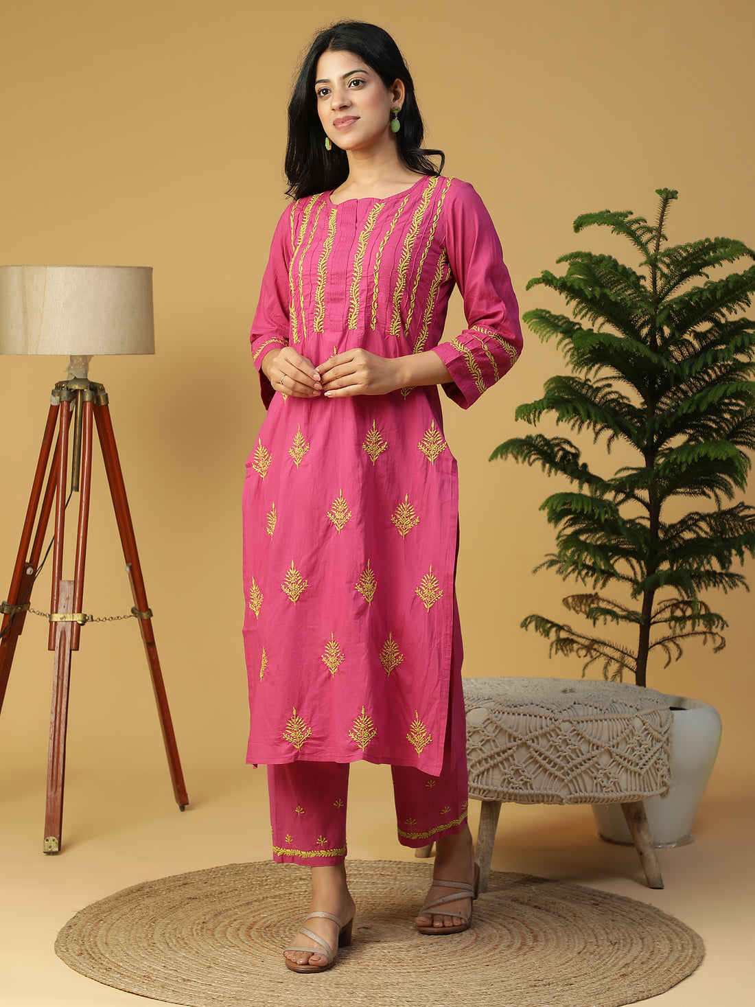 Hand Embroidered Lucknowi Chikankari Cotton Magenta Pintuck Yoke Kurta With Pants Set CH0227