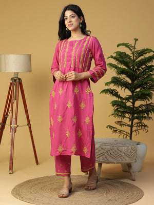 Hand Embroidered Lucknowi Chikankari Cotton Magenta Pintuck Yoke Kurta With Pants Set CH0227