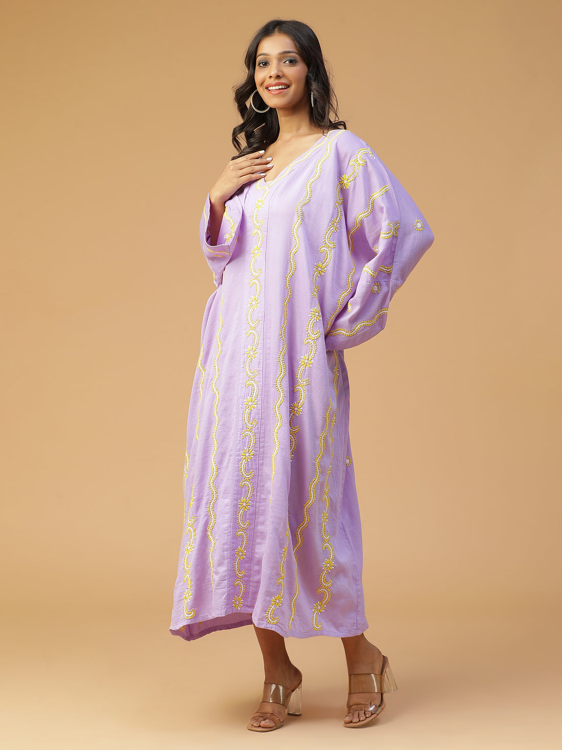 Semal Hand Embroidered Purple Cotton Chic Kaftans with Lucknowi Chikankari Embroidery CH0191