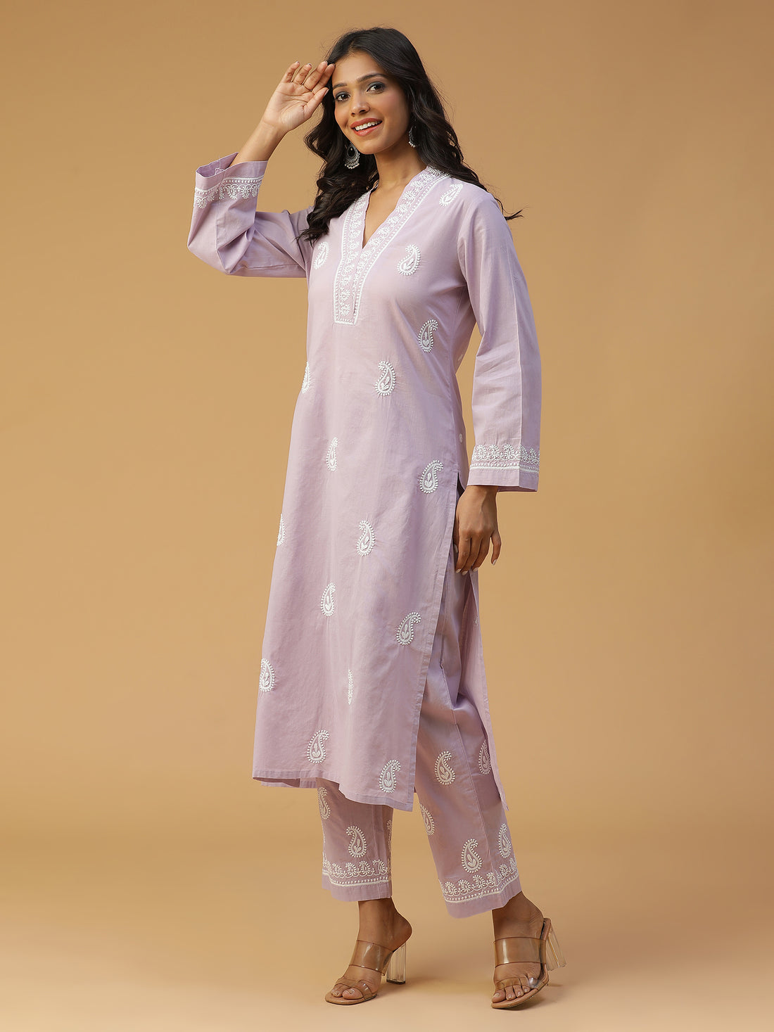 Lavender Bliss Comfortable Cotton Overlap V-Neck Chikankari Kurta Set