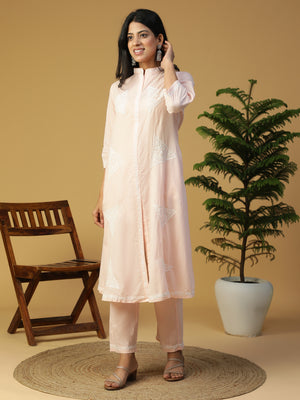 Hand Embroidered Cotton Lucknowi Chikankari Front Slit Kurta With Pants CH0244