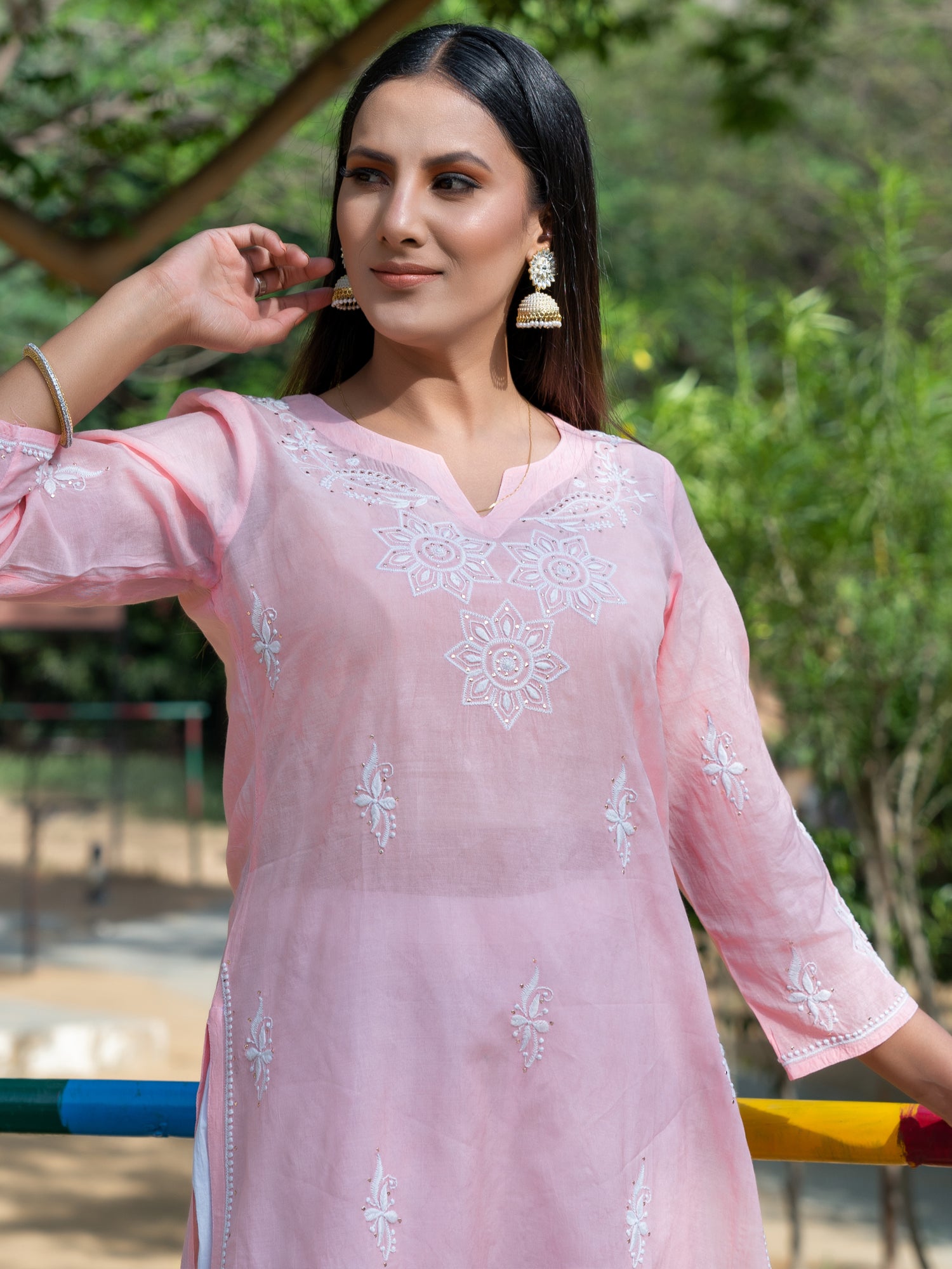 Semal handicrafts Chikankari straight pink kurta