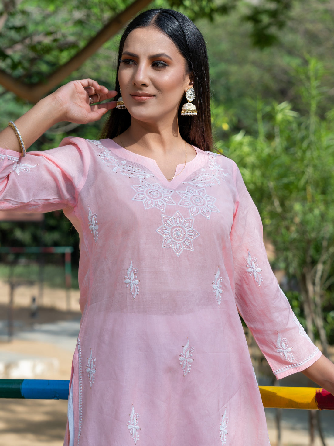 Semal handicrafts Chikankari straight pink kurta