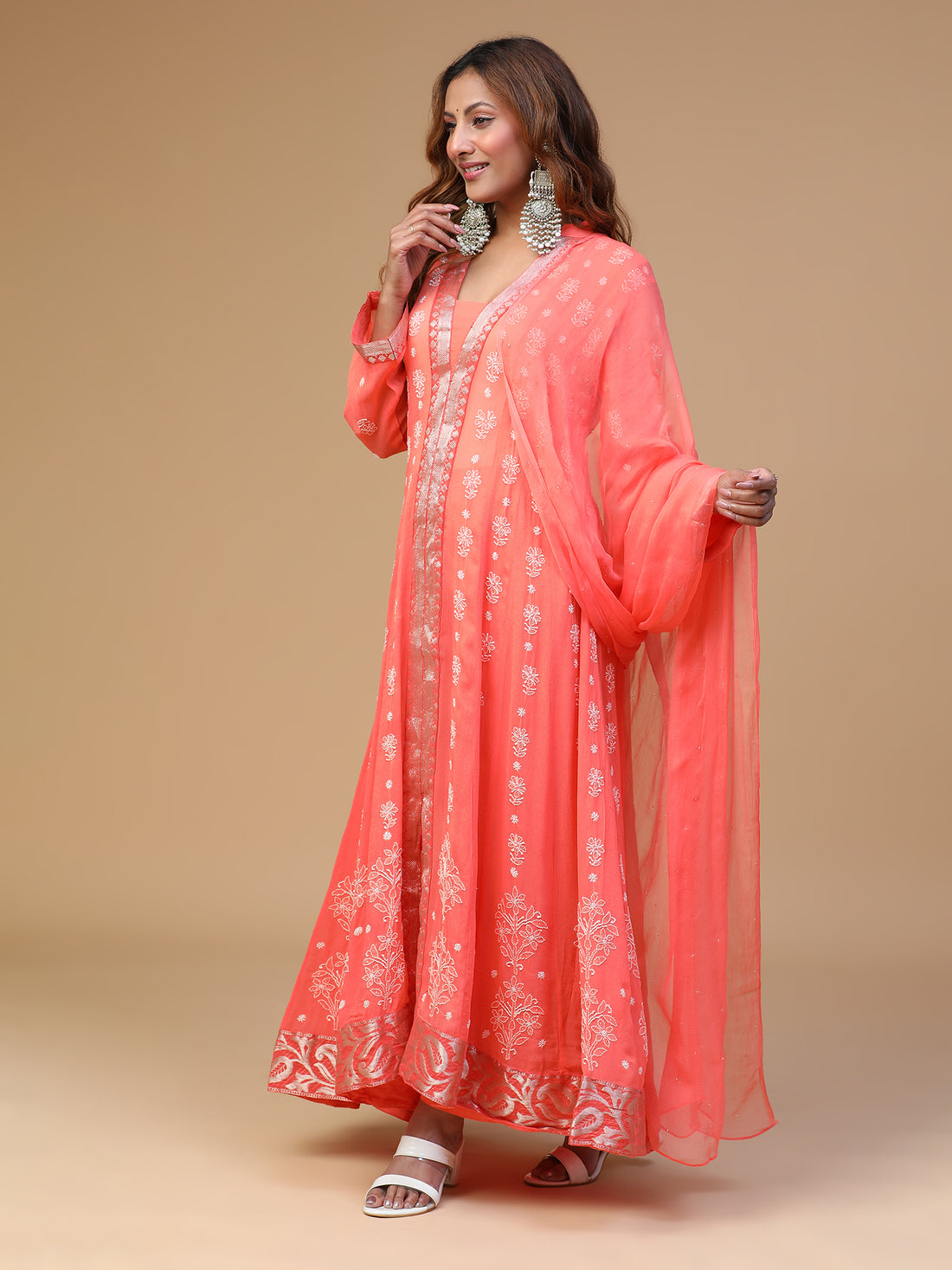 CHIKANKARI GEORGETTE PEACH KALI KURTA WITH DUPATTA SET