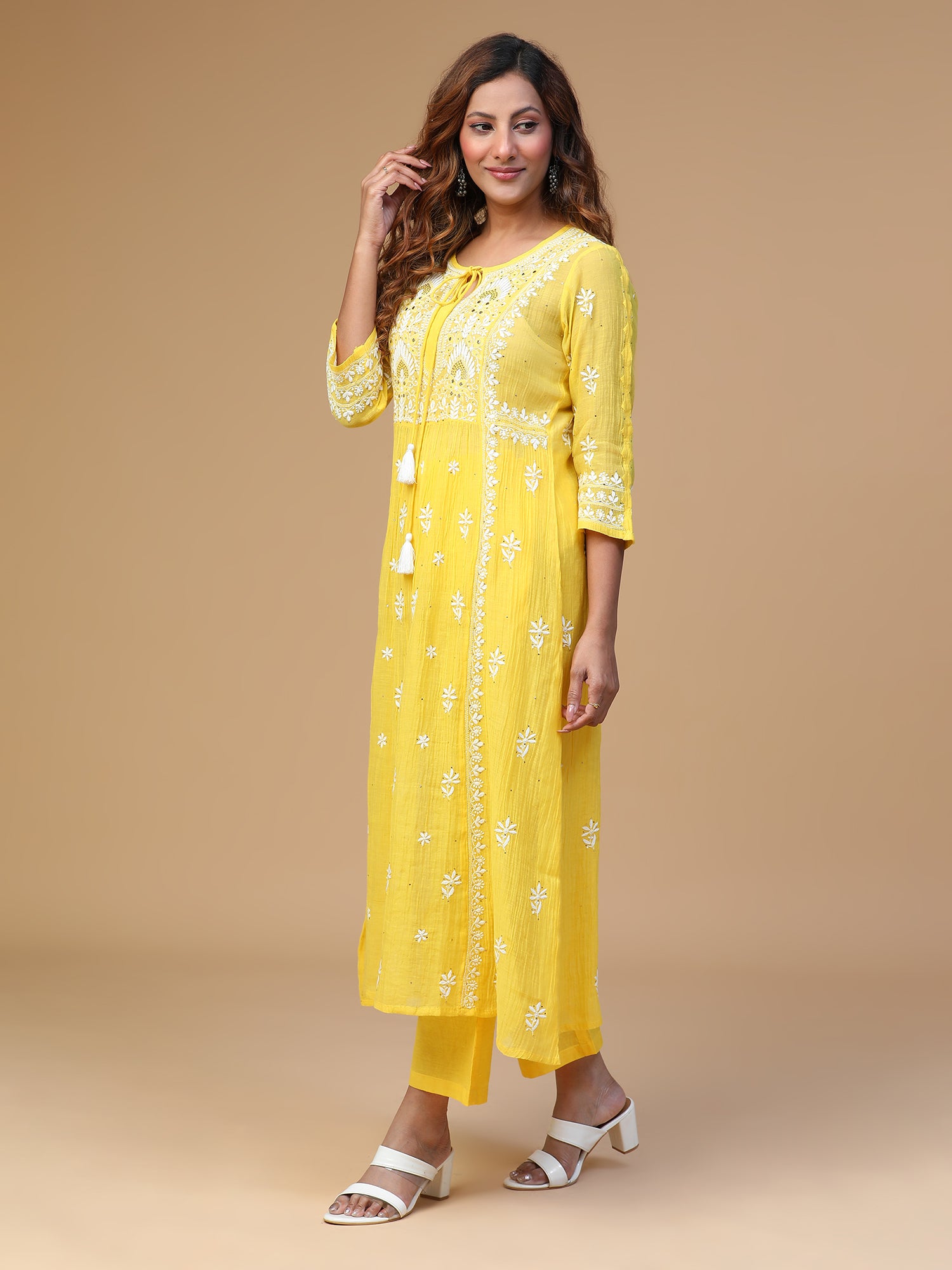 Semal Hand Embroidered Golden Glow Festive Mul Chanderi Lucknowi Chikankari Kurta With Pants Set CH0198A