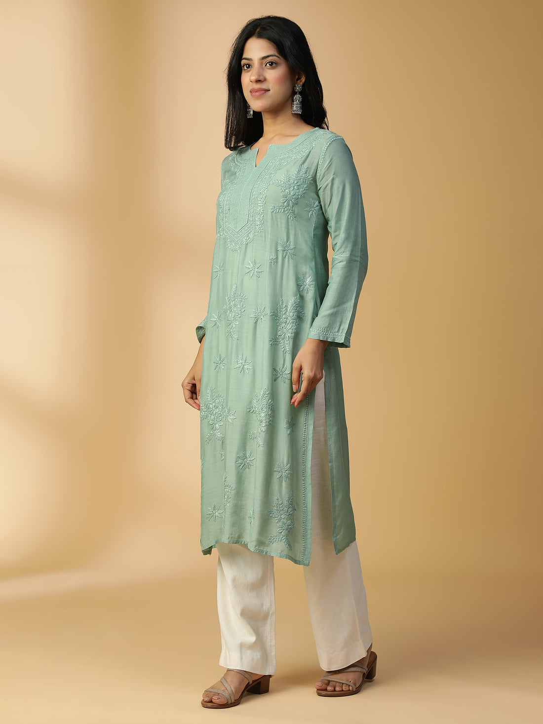 Hand Embroidered Lucknow Chikankari Straight Basil Green Muslin Kurta CH0169