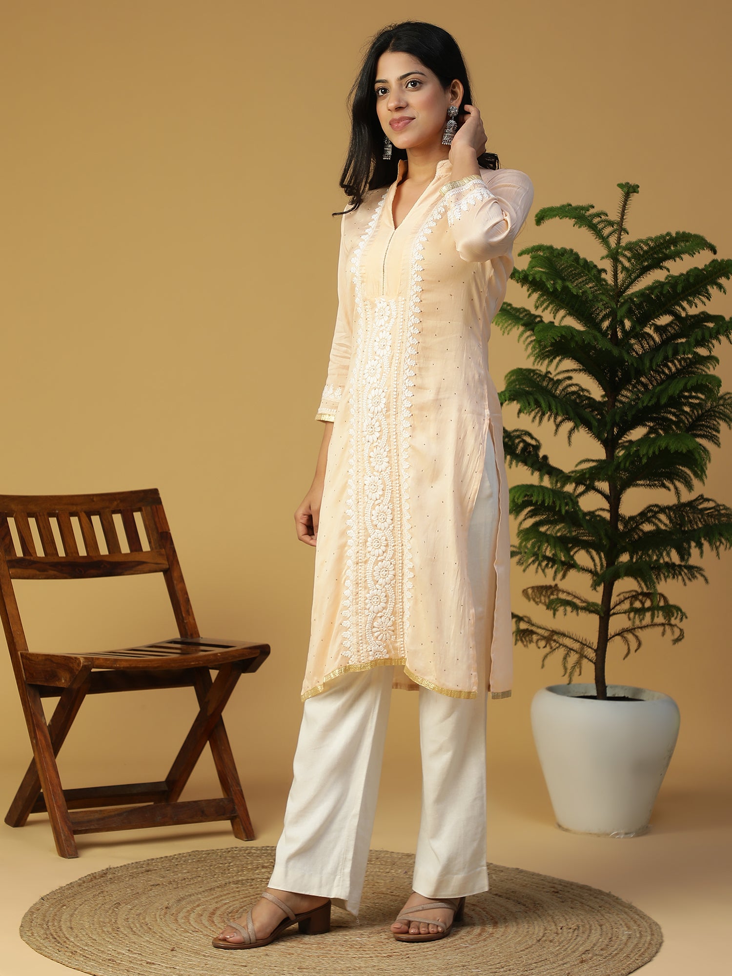 Hand Embroidered Peach Lucknowi Chikankari Chanderi kurta with Mukaish work CH0020B