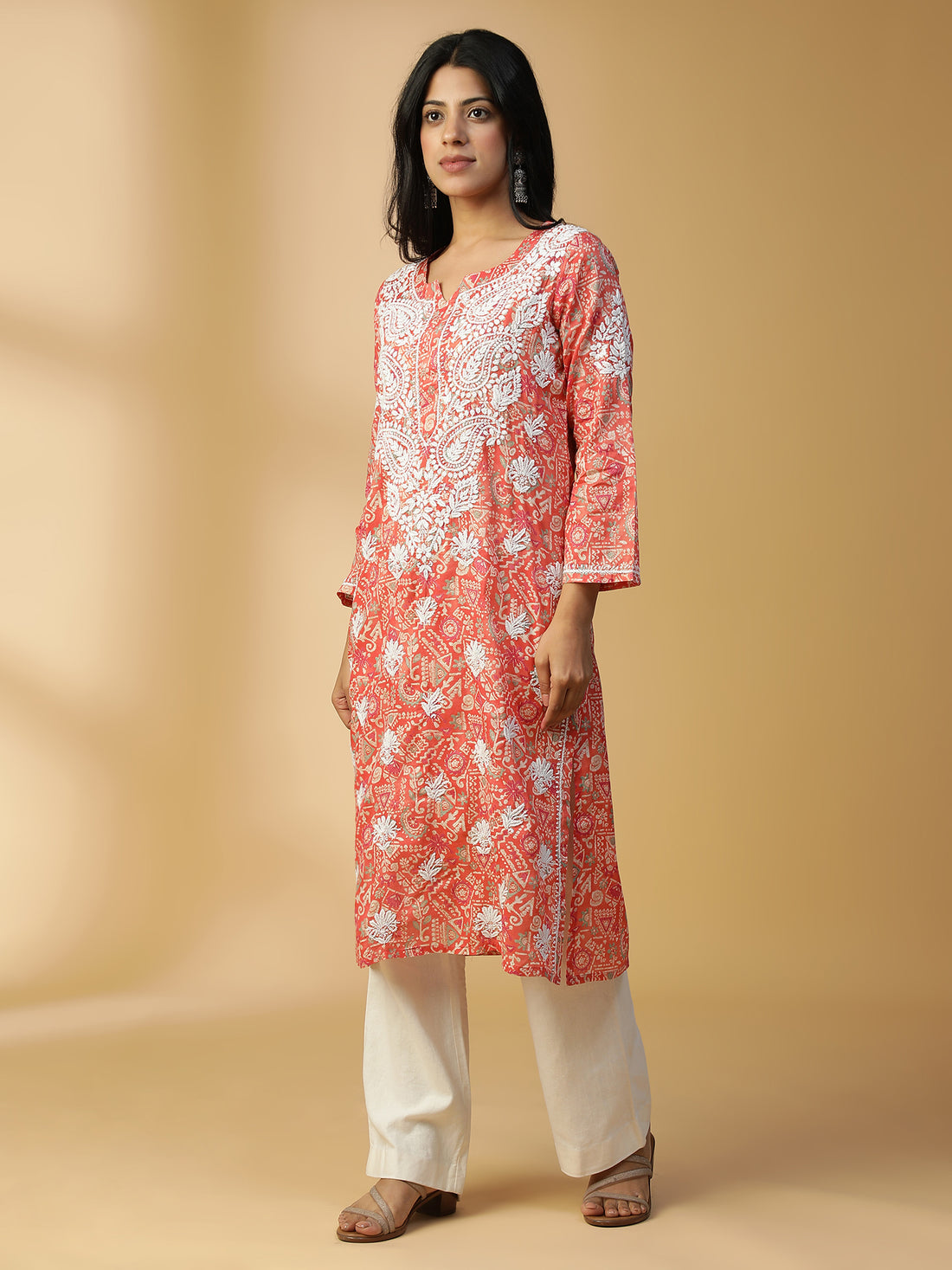 HAND EMBROIDERED ROSE PINK COTTON LUCKNOWI CHIKANKARI PRINTED KURTA CH0157