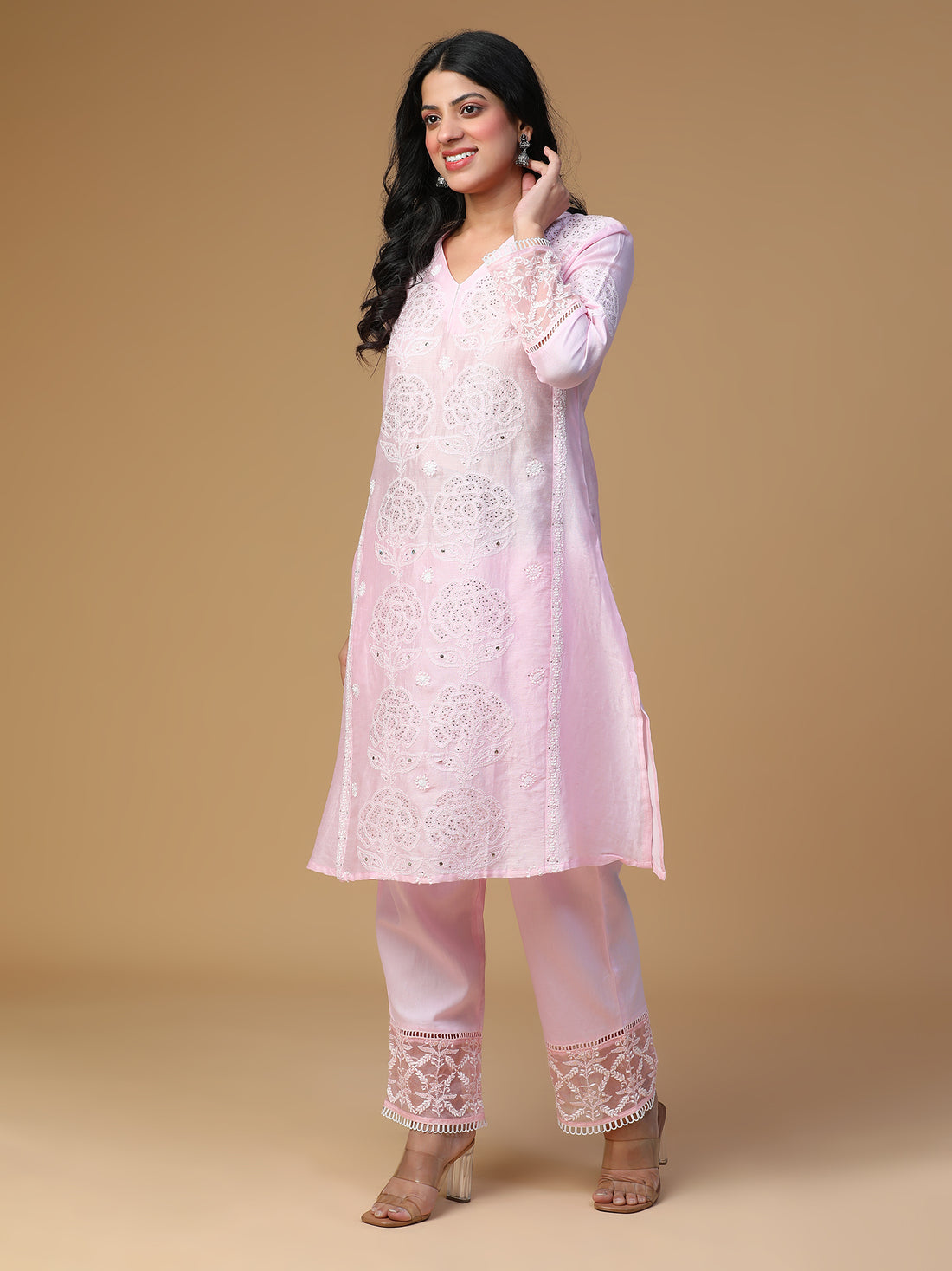 Semal Hand Embroidered Chanderi Rose Pink Colour Lucknow Chikankari with Mukaish work Kurta Set