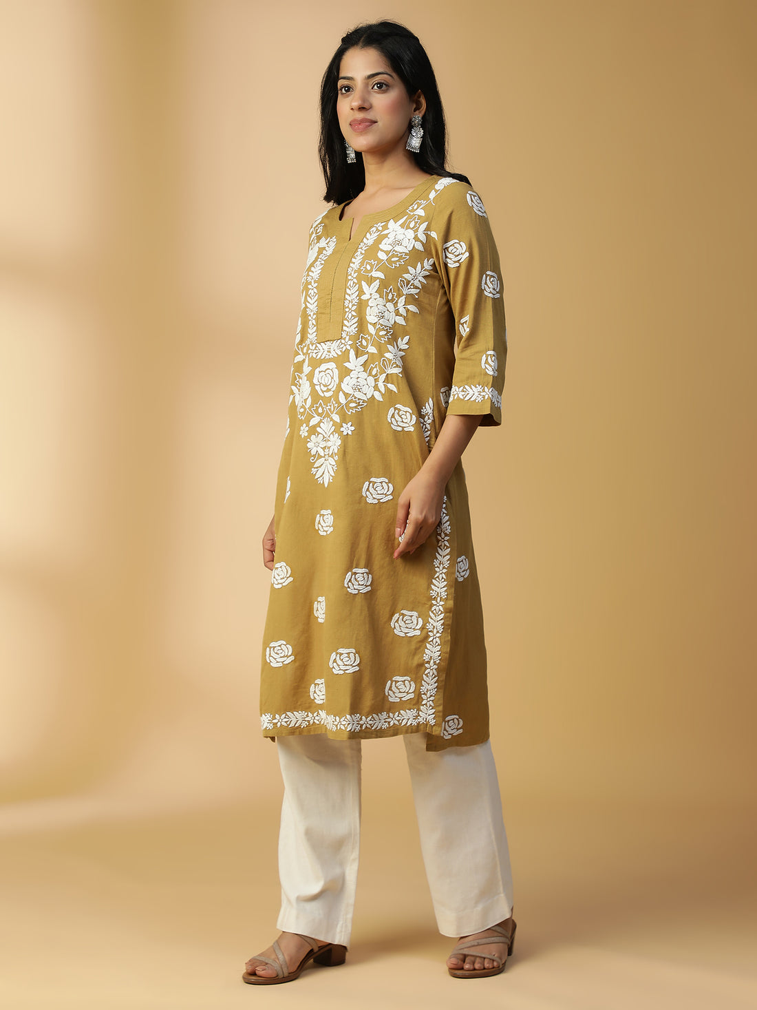 HAND EMBROIDERED DARK BEIGE COTTON LUCKNOWI CHIKANKARI STRAIGHT KURTA CH0152