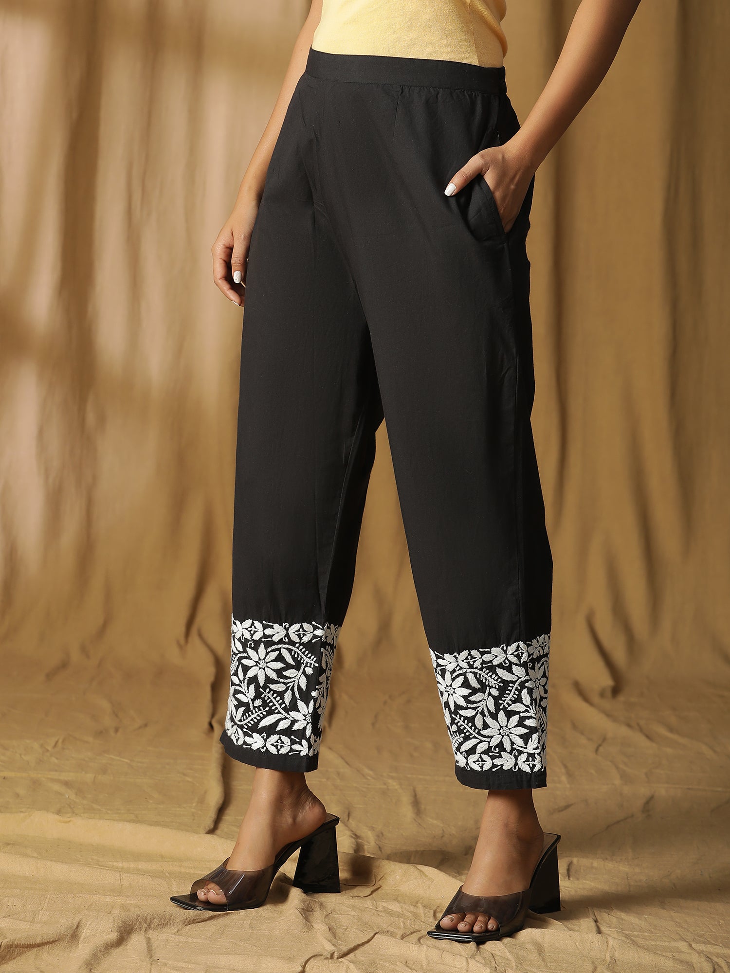 Chikankari Hand-Embroidered Cotton Black pants with pocket