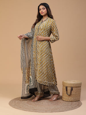 Hand Block Printed Olive Green Straight Front Slit Kurta With Pants and Dupatta Set Blk_009