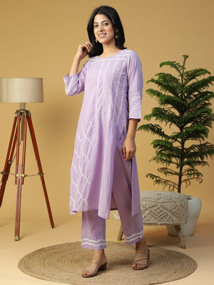 Hand Embroidered Lavender Cotton Lucknowi Chikankari Kurta with Pants CH0231