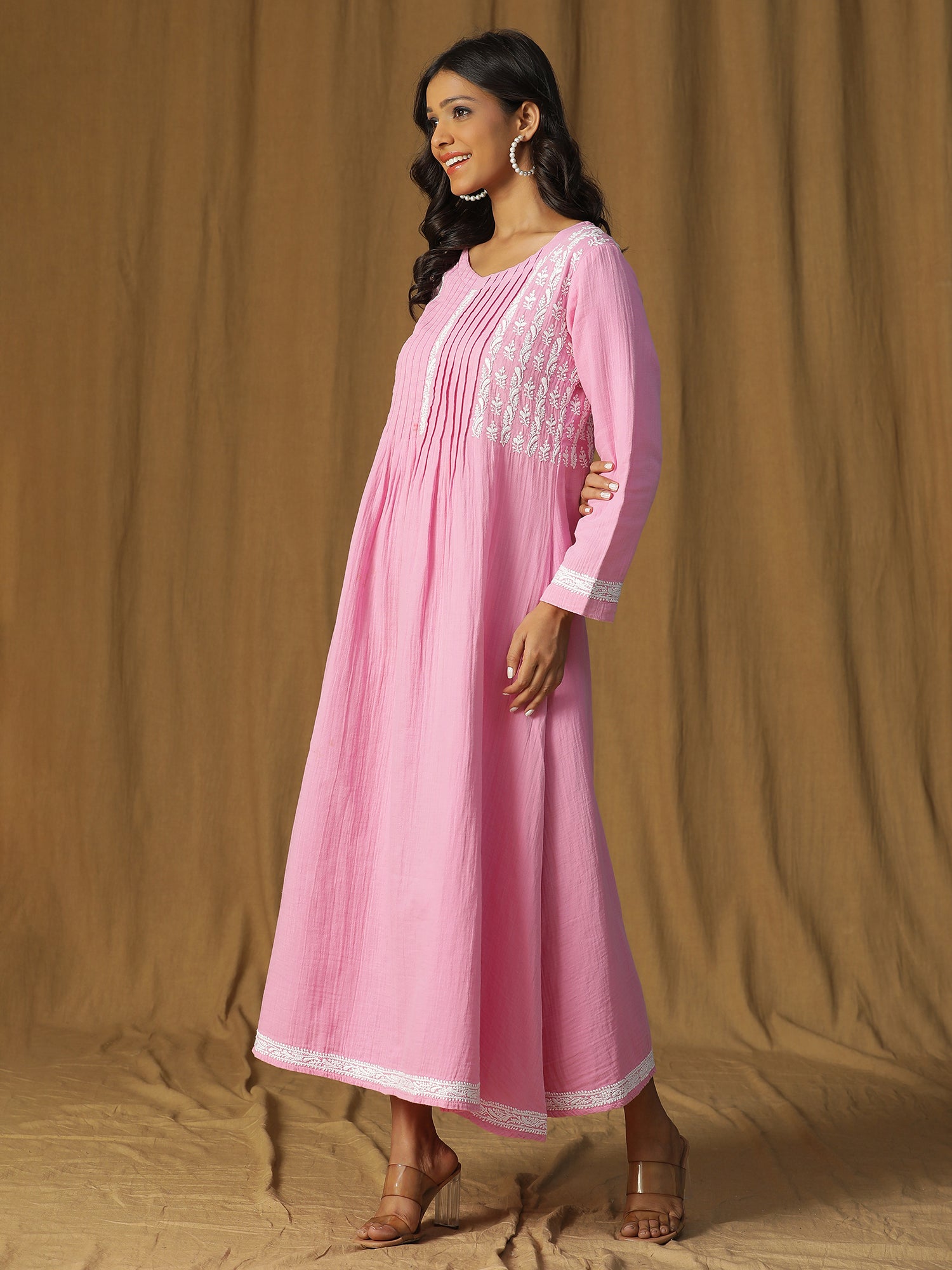 Soft Petal Elegance Chikankari Cotton Long Dress in Pink