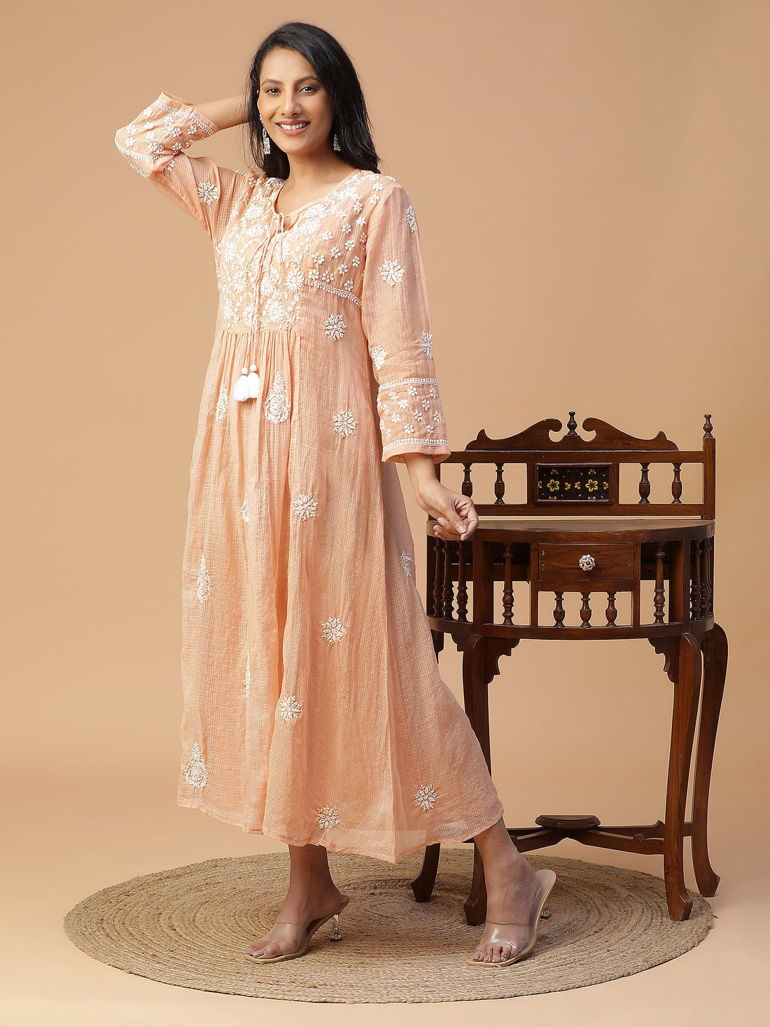 Chikankari Peach Kota Cotton Kurta with Neck Dori Delight