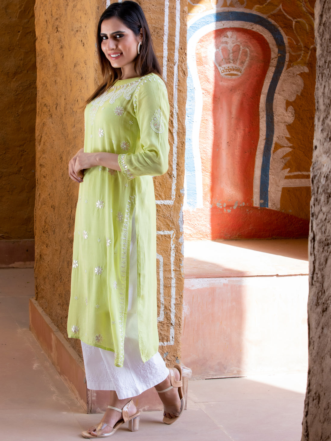 Semal handicrafts Chikankari straight lime green kurta